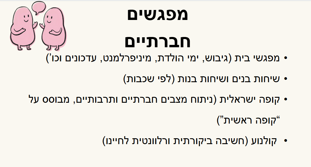 שקופית 'מפגשים חברתיים': מפגשי בית, שיחות בנים ובנות, קופה ישראלית וקולנוע