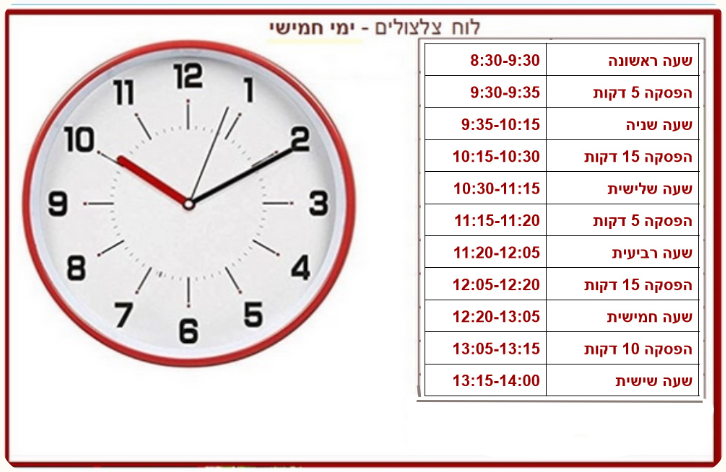 טבלה: לוח צלצולים ליום חמישי — שעות השיעורים וההפסקות במהלך היום
